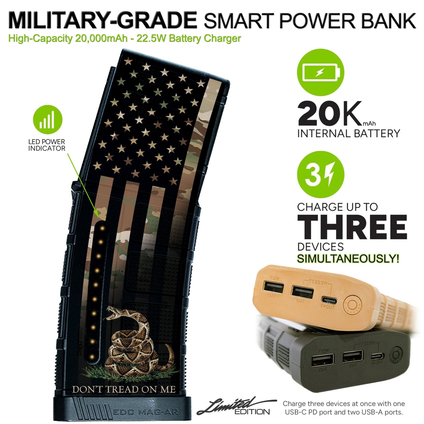 Limited Edition Custom Printed 20,000mAh Military Grade Smart Powerbank Battery Charger with 2-USB + USB-C Ports