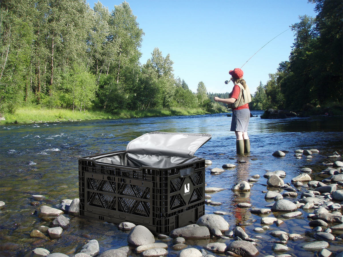 T-48 insulated cooler bag and Transformer Crate used beside a creek