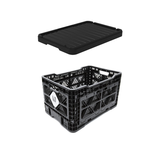 Black T-48 collapsible storage crate with black plastic lid on a white background