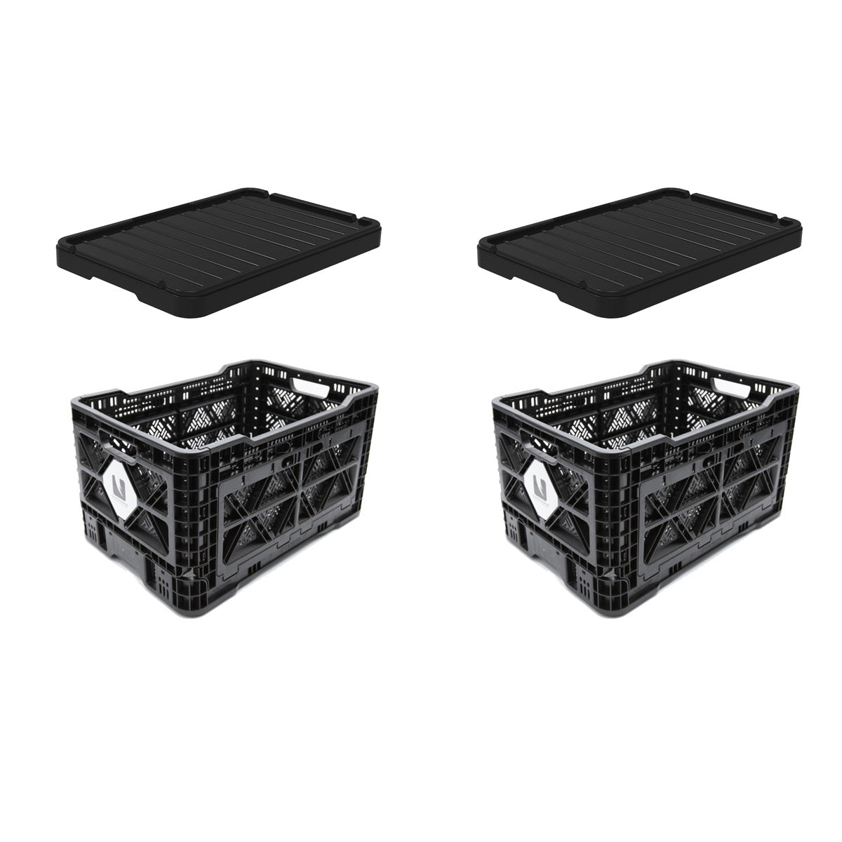 Two black T-48 collapsible storage crates with two black plastic lids