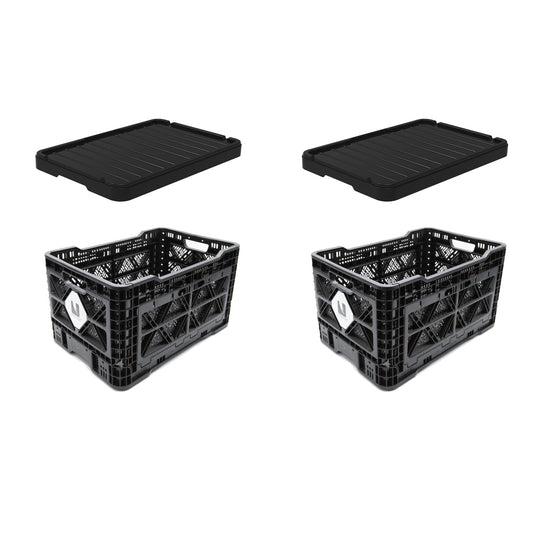 Two black T-48 collapsible storage crates with two black plastic lids
