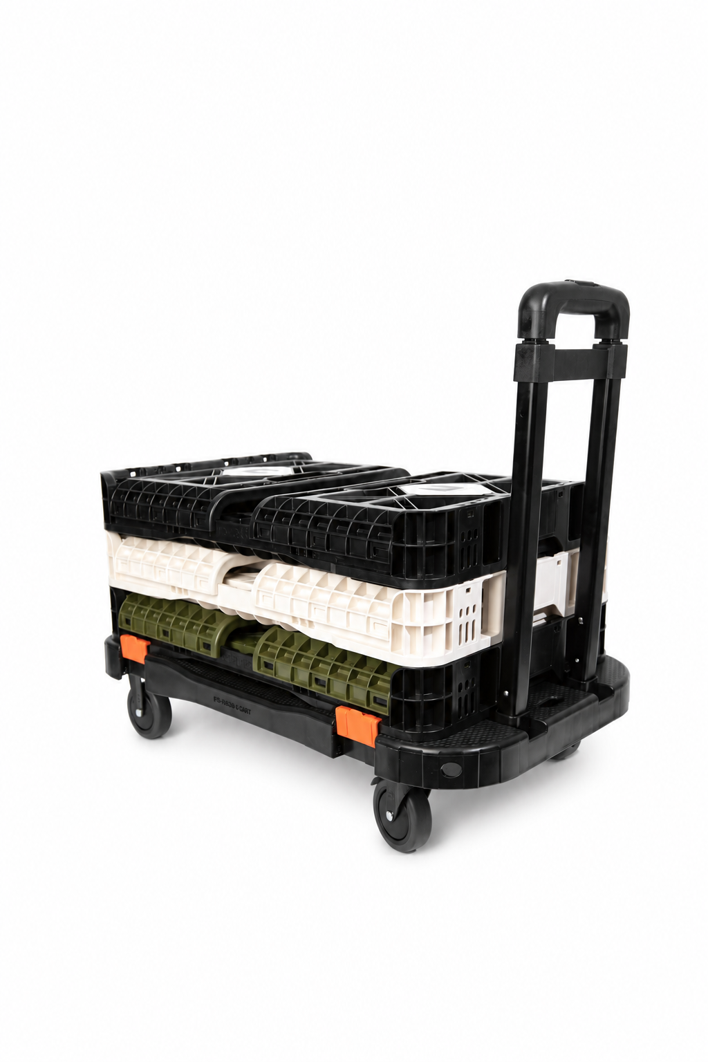T-48 rolling cart carrying collapsed Transformer Crates on a clean white background
