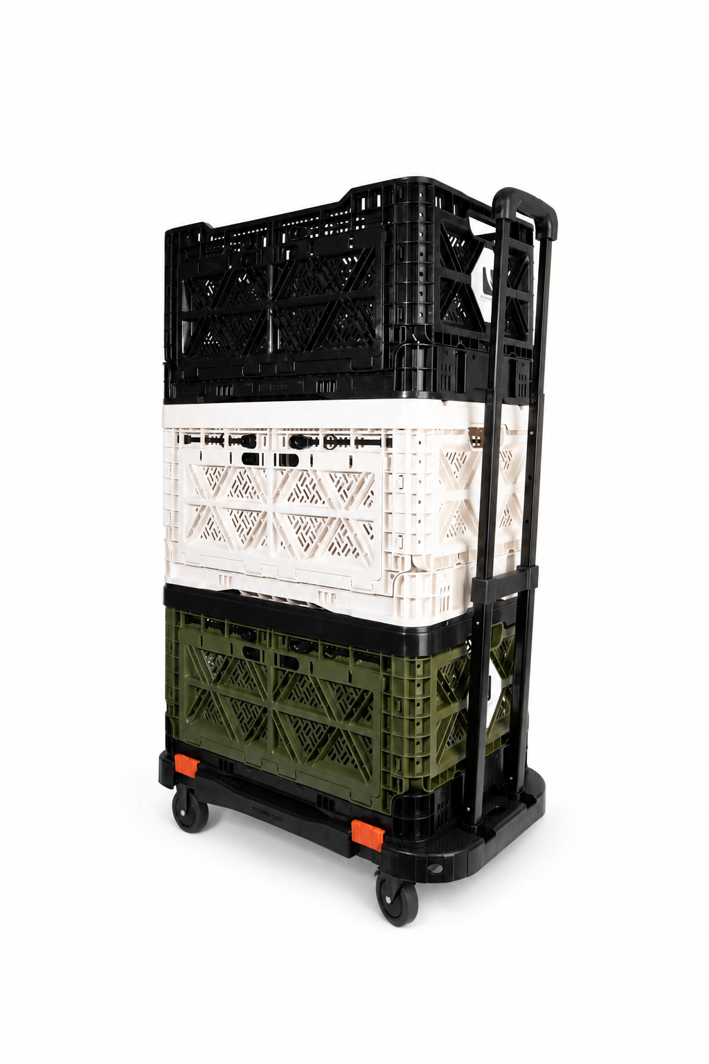 T-48 rolling cart carrying vertically stacked Transformer Crates on a clean white background