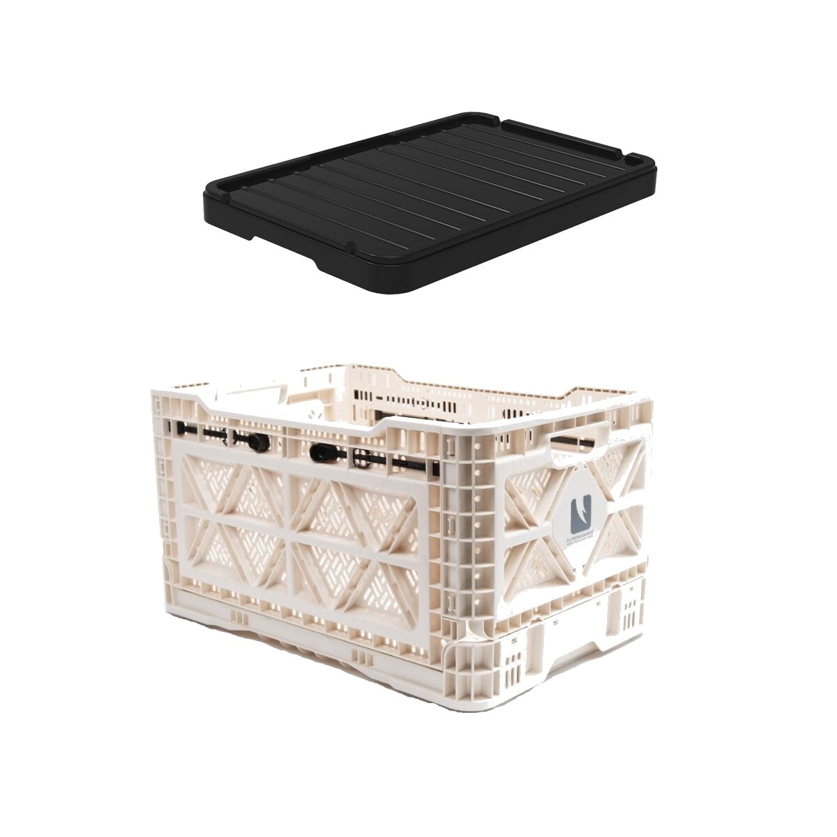 Ivory T-48 collapsible storage crate with black plastic lid on a white background
