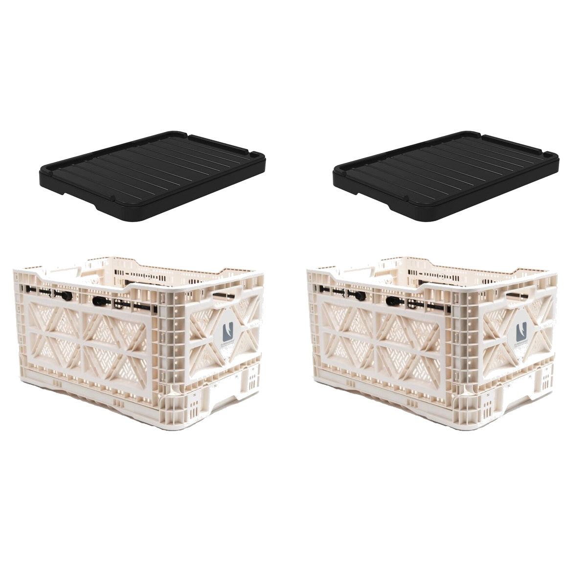 Two ivory T-48 collapsible storage crates with two black plastic lids