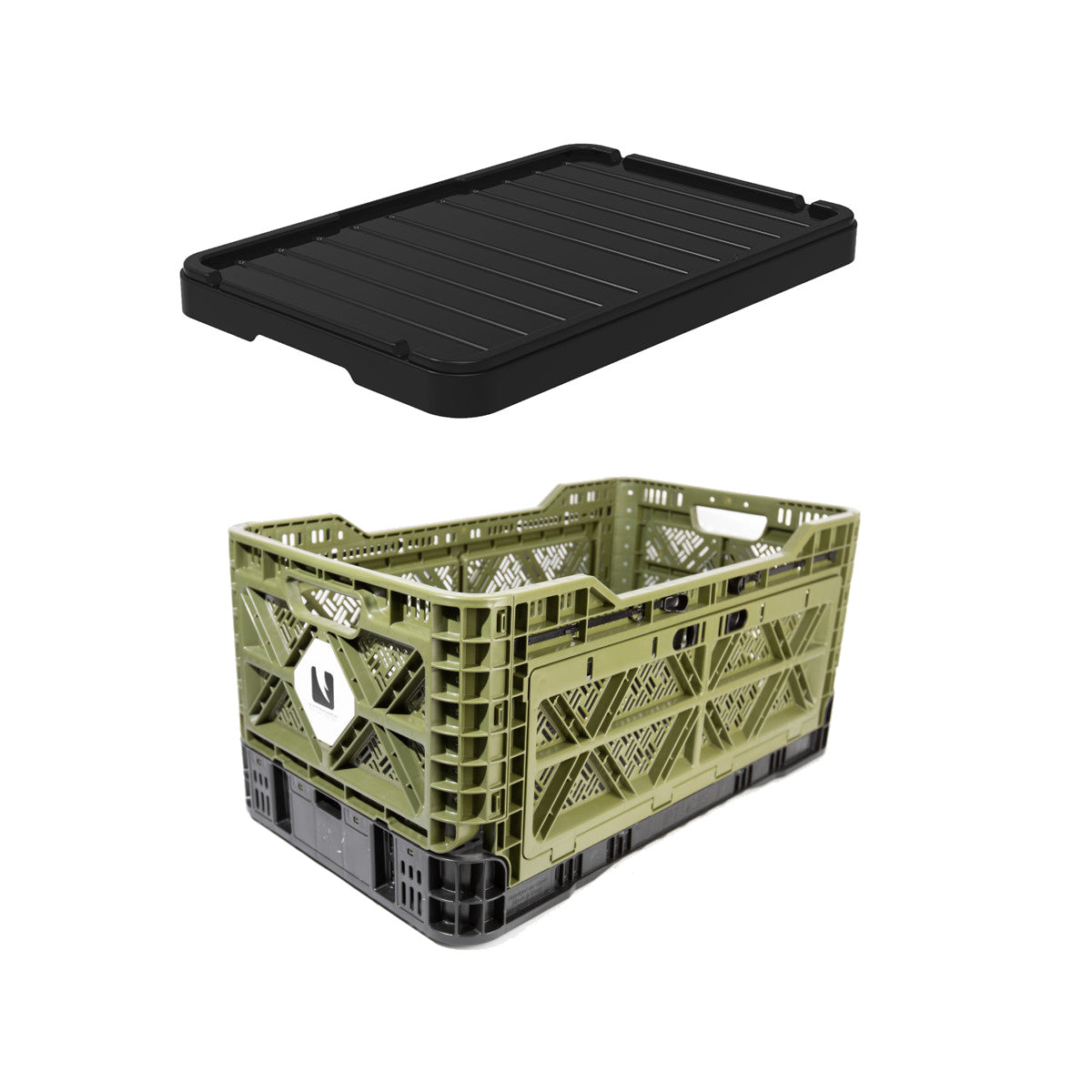 Olive green T-48 collapsible storage crate with black plastic lid on a white background