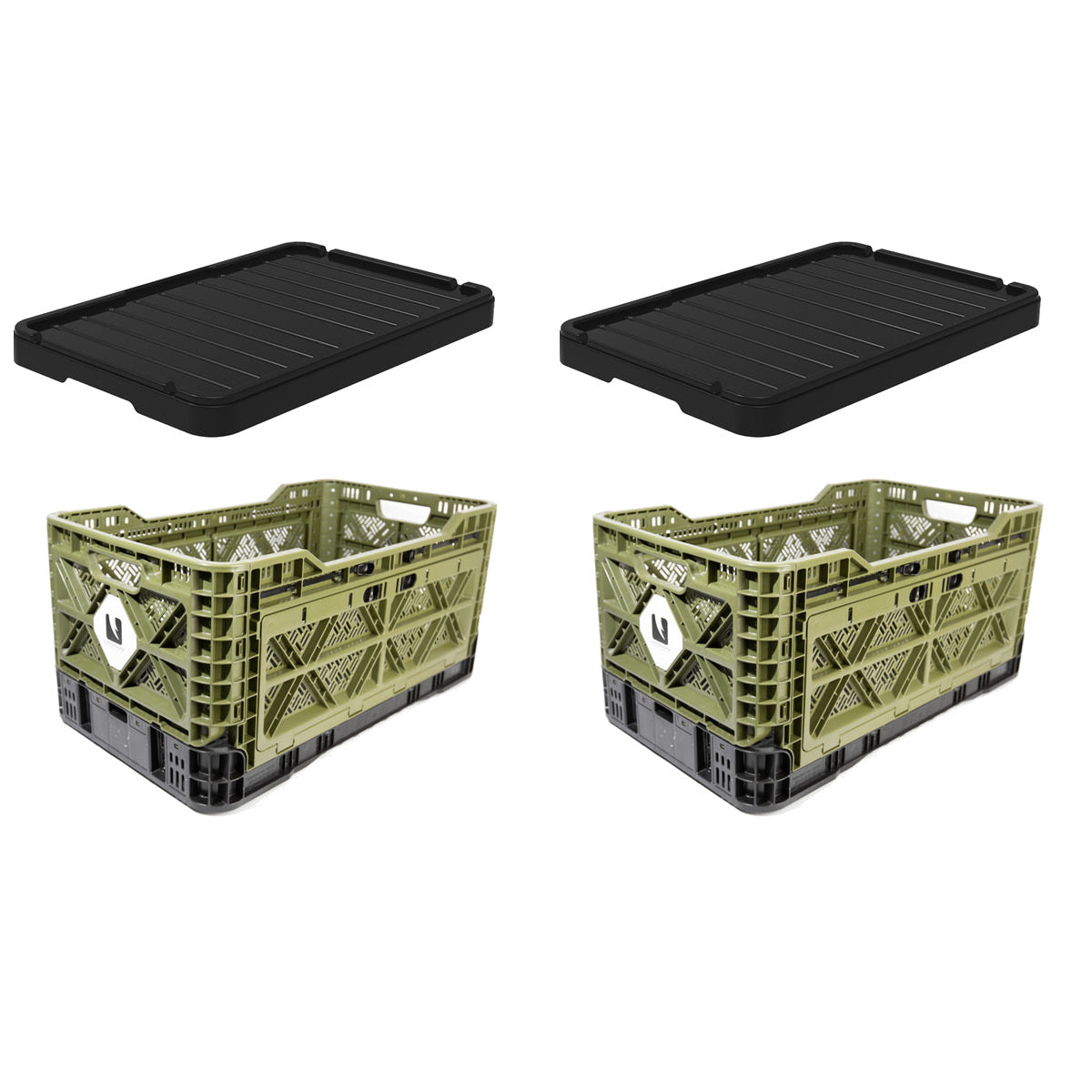 Two olive T-48 collapsible storage crates with two black plastic lids