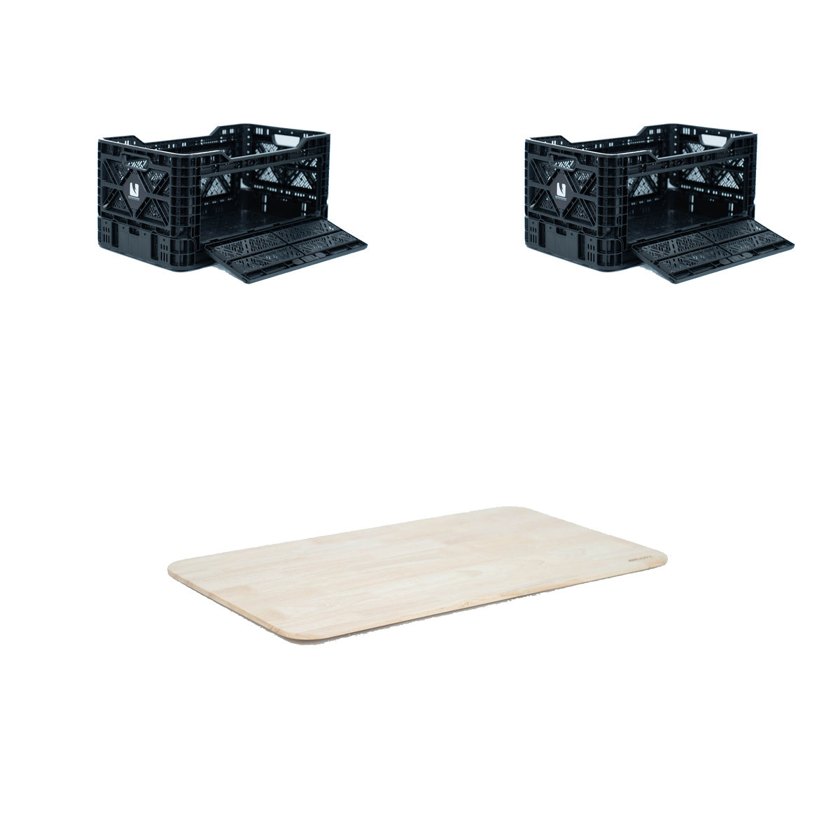 Two black T-90 collapsible storage crates and one wooden lid on a white background
