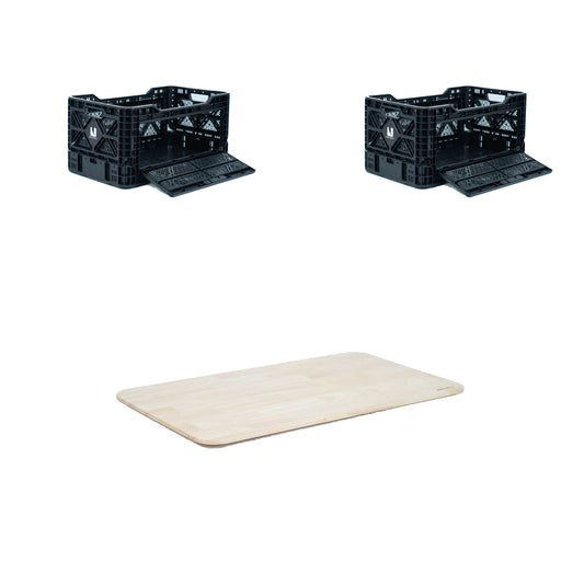 Two black T-90 collapsible storage crates and one wooden lid on a white background