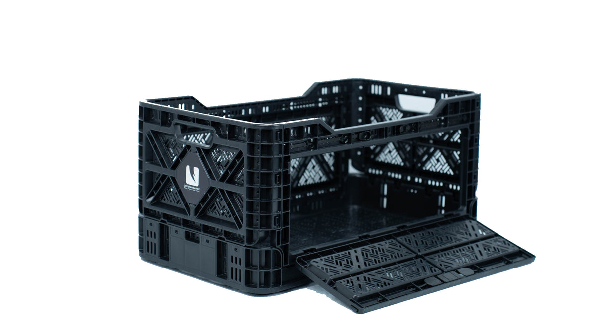 Black T-90 90-liter collapsible storage crate on a white background