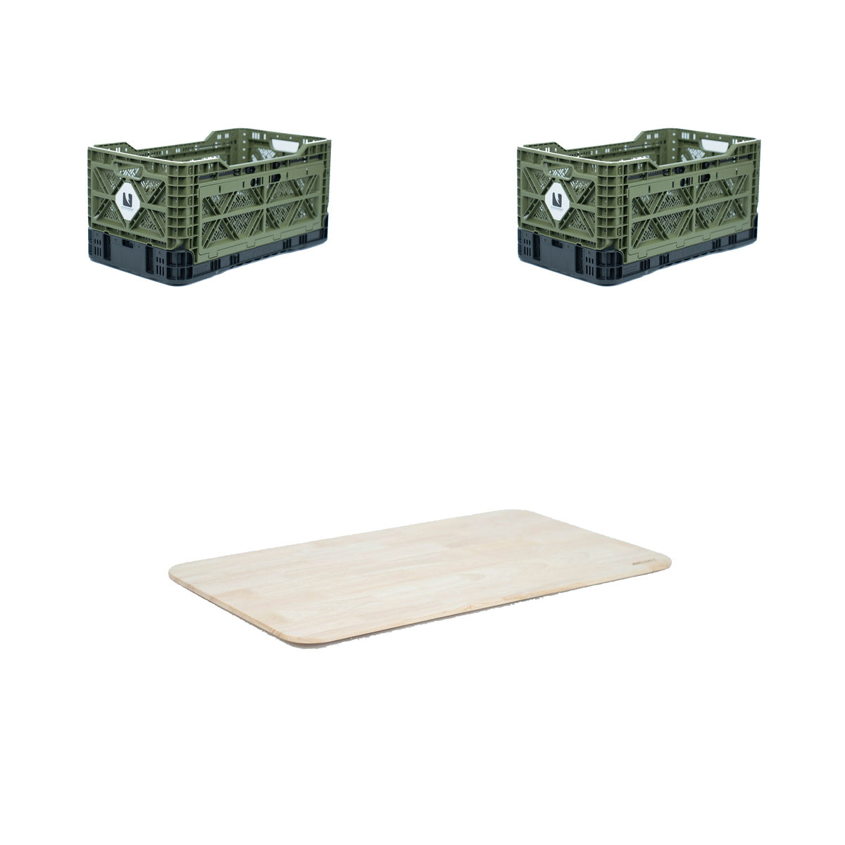 Two olive green T-90 collapsible storage crates and one wooden lid on a white background
