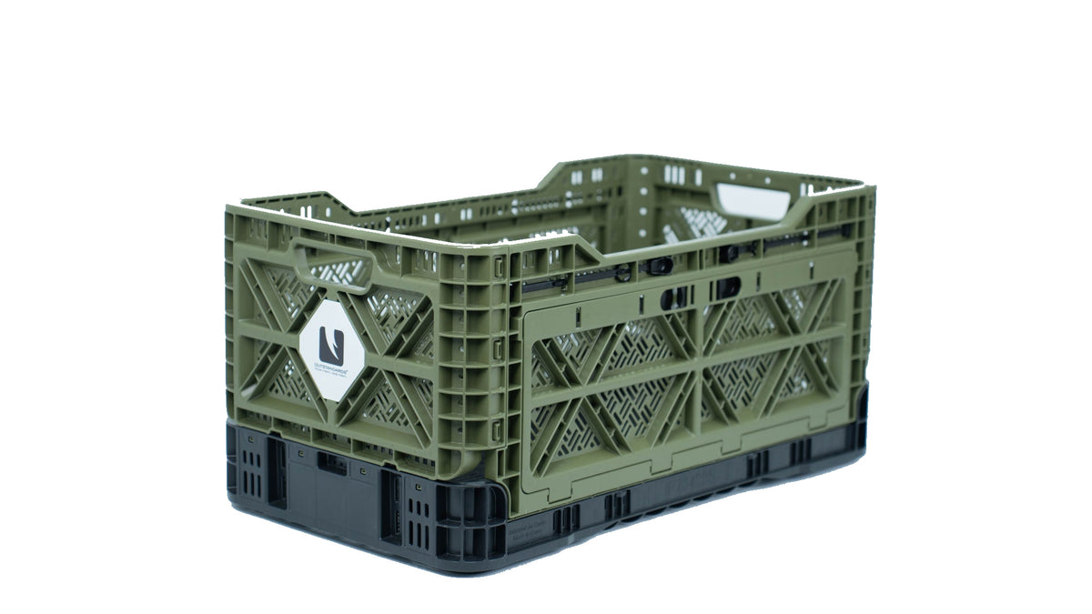 Olive green T-90 90-liter collapsible storage crate on a white background