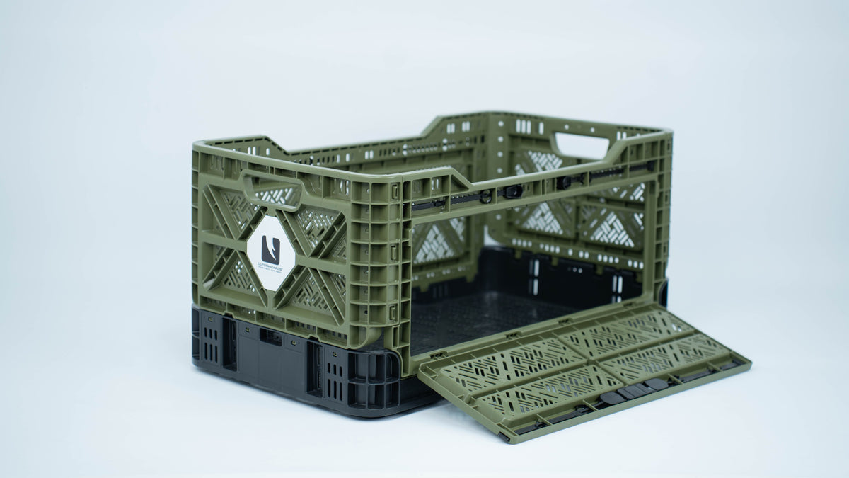 T-90 90-liter collapsible storage crate with side access door open